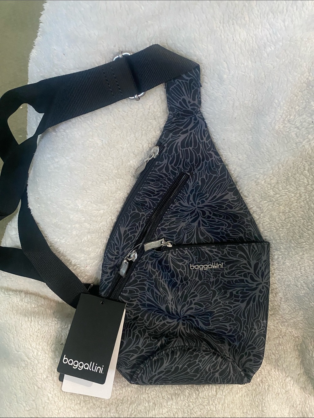 Baggallini Mini Sling, Midnight Blossom,
Black & Gray